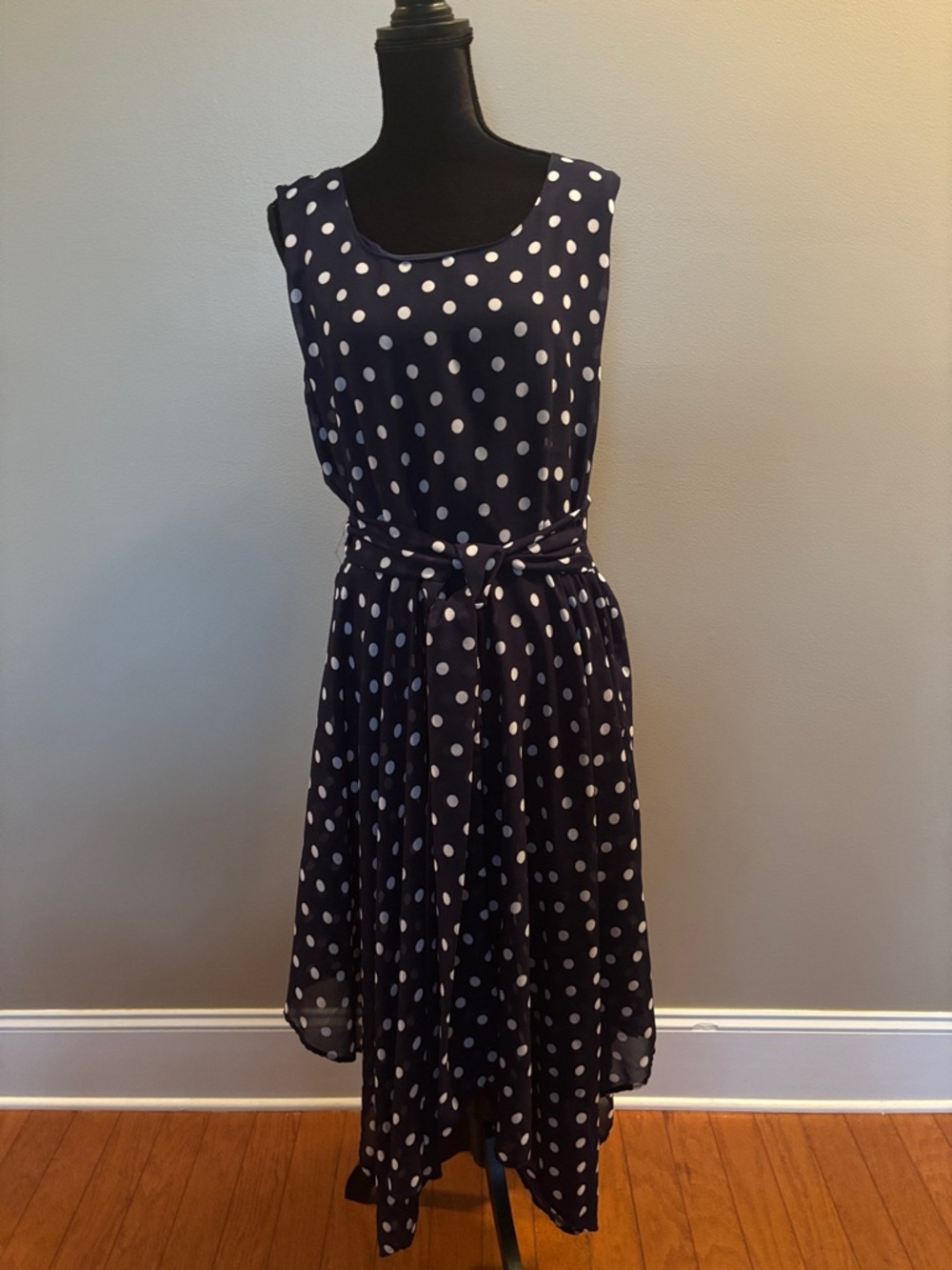 Sleeveless Navy Polka Dot Midi Dress with Self-Tie Waist
